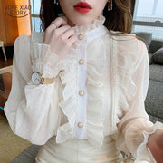 Korean New Elegant Long Sleeve Chiffon Shirt Spring Ruffle Lace Women Blouse Sweet Casual Tops Stand Collar Clothes Blusas 13433 Spring Ruffle Lace Women Blouse DailyAlertDeals   