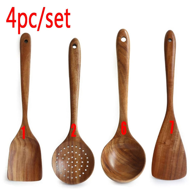 7pcs/set Teak Natural Wood Tableware Spoon Ladle Turner Rice Colander Soup Skimmer Cooking Spoon Scoop Kitchen Reusable Tool Kit 0 DailyAlertDeals 4pc  