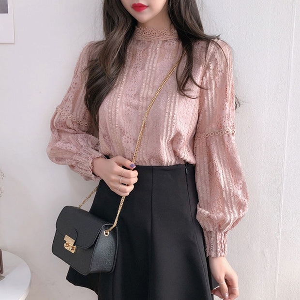 2022 Autumn Sweet Pink Shirts Long Sleeve Lace Blouse for Women Vintage Spliced Solid Womens Clothing Blusas Mujer De Moda 6899 Long Sleeve Lace Blouse for Women DailyAlertDeals   