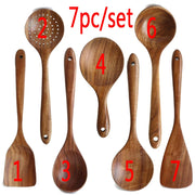 7pcs/set Teak Natural Wood Tableware Spoon Ladle Turner Rice Colander Soup Skimmer Cooking Spoon Scoop Kitchen Reusable Tool Kit 0 DailyAlertDeals 7pc  