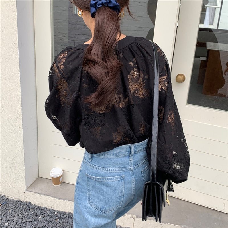 2022 Women Blouse with Lace Lantern Long Sleeve Transparent Blouse Loose Sexy Cardigan Lace Shirt Spring Black Lace Top 10202 0 DailyAlertDeals   