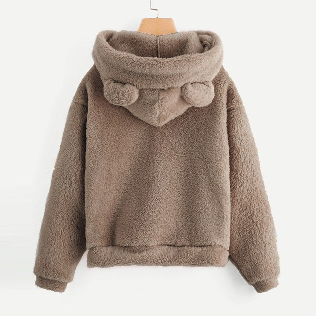 Fluffy hoodie Women fuzzy hoodie cute bear ear cap Autumn Winter Warm pullover Long Sleeve outwear Fluffy hoodie DailyAlertDeals   
