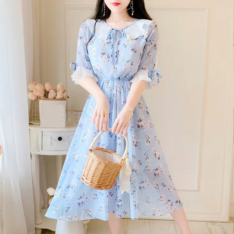 2021 summer new dress short-sleeved chiffon print dress female slim slimming long skirt 0 DailyAlertDeals   