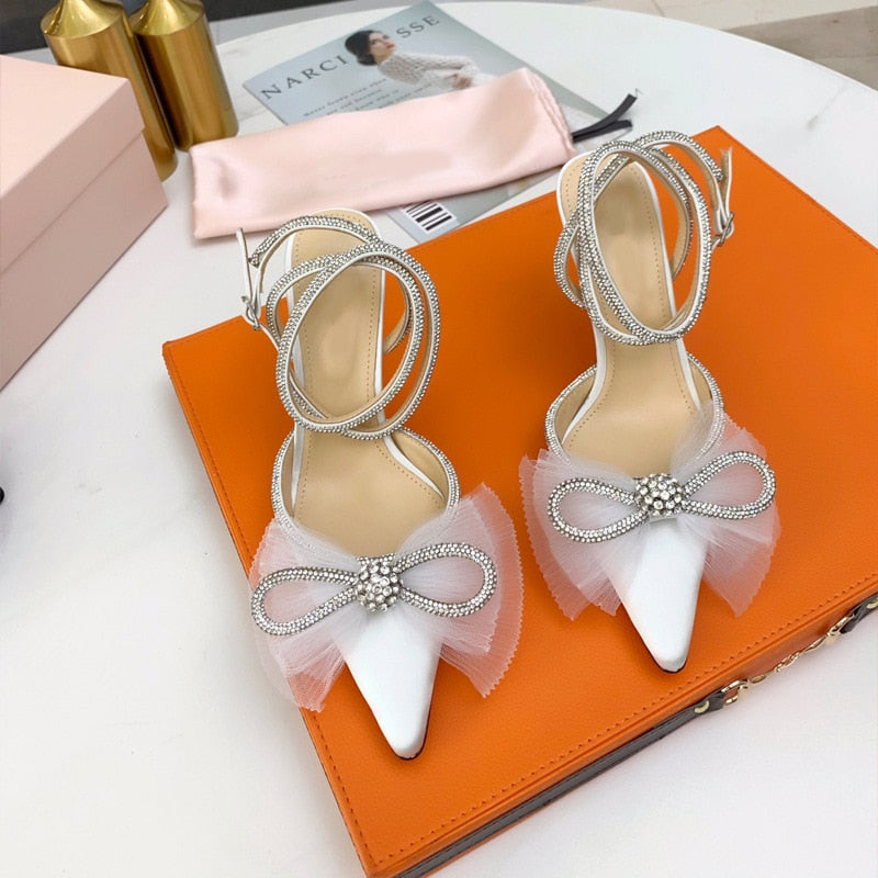 Runway style Glitter Rhinestones Women Pumps Crystal bowknot Satin Summer Lady Shoes Genuine leather High heels Party Prom Shoes High heels shoes DailyAlertDeals   