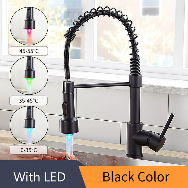 Kitchen Faucets Brush Brass Faucets for Kitchen Sink  Single Lever Pull Out Spring Spout Mixers Tap Hot Cold Water Crane 9009 Brass Faucets for Kitchen DailyAlertDeals With LED Black China 