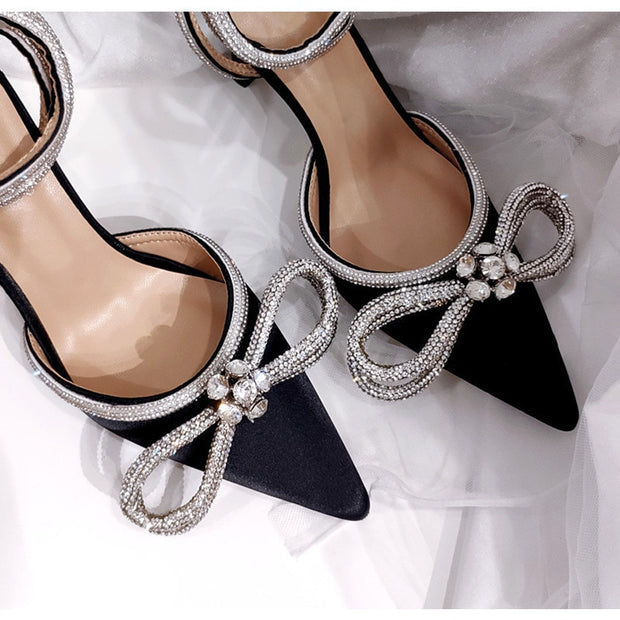 Runway style Glitter Rhinestones Women Pumps Crystal bowknot Satin Summer Lady Shoes Genuine leather High heels Party Prom Shoes High heels shoes DailyAlertDeals Black 36 