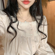 Beige Lace Blouse Vintage Square Collar Women Long Puff Sleeve Shirt Solid Cardigan Sweet Shirt Blusas Clothes Women Tops 11200 0 DailyAlertDeals   