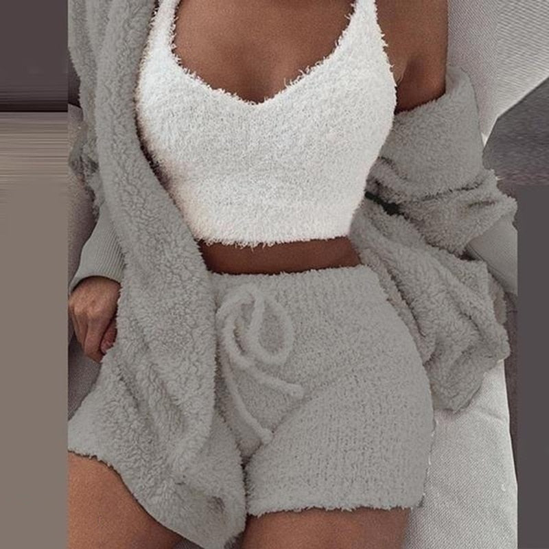 Winter Autumn Three Piece Sexy Fluffy Outfits Plush Velvet Hooded Cardigan Coat+Shorts+Crop Top Women Tracksuit Set Women Outfit 0 DailyAlertDeals gray S 