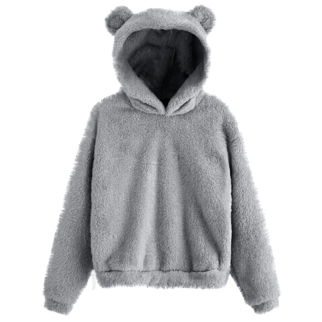 Fluffy hoodie Women fuzzy hoodie cute bear ear cap Autumn Winter Warm pullover Long Sleeve outwear Fluffy hoodie DailyAlertDeals Gray S