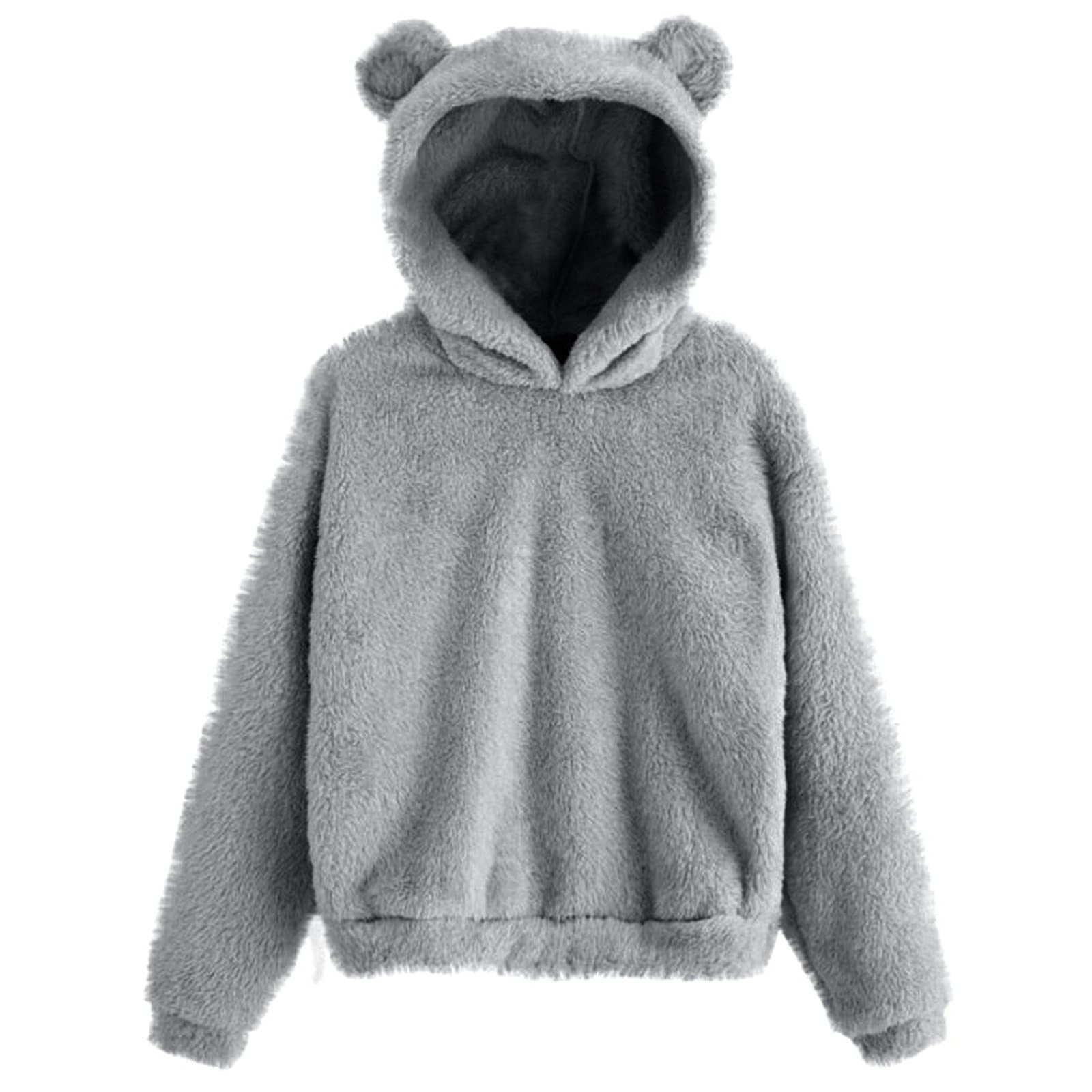 Fluffy hoodie Women fuzzy hoodie cute bear ear cap Autumn Winter Warm pullover Long Sleeve outwear Fluffy hoodie DailyAlertDeals Gray S