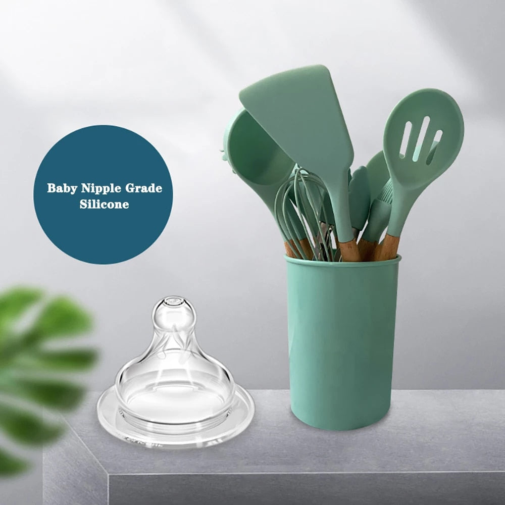 Silicone Kitchenware Cooking Utensils Set Non-stick Cookware Spatula Shovel Egg Beaters Wooden Handle Kitchen Cooking Tool Set utensils DailyAlertDeals   