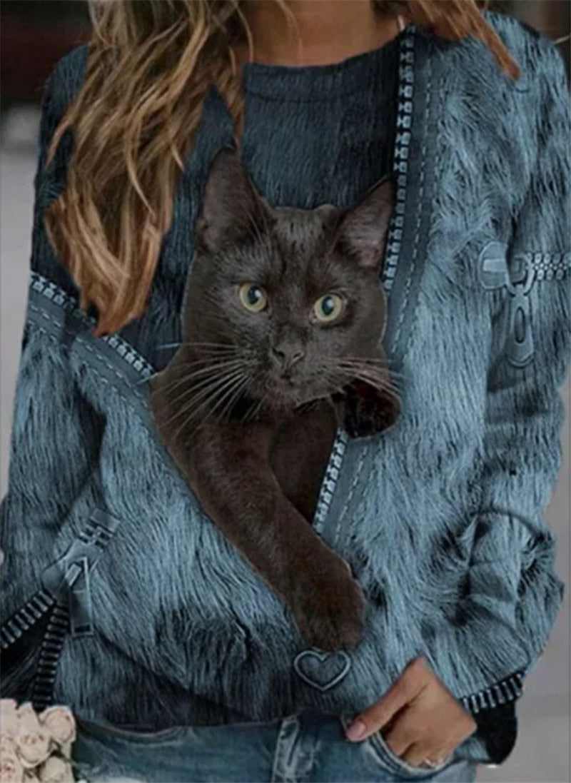 Funny Cute Cat 3D Print Casual Pullovers Women Clothes Spring Autumn Sweatshirts Long Sleeve T-Shirts Lady Clothing Fashion Tops 0 DailyAlertDeals F M 