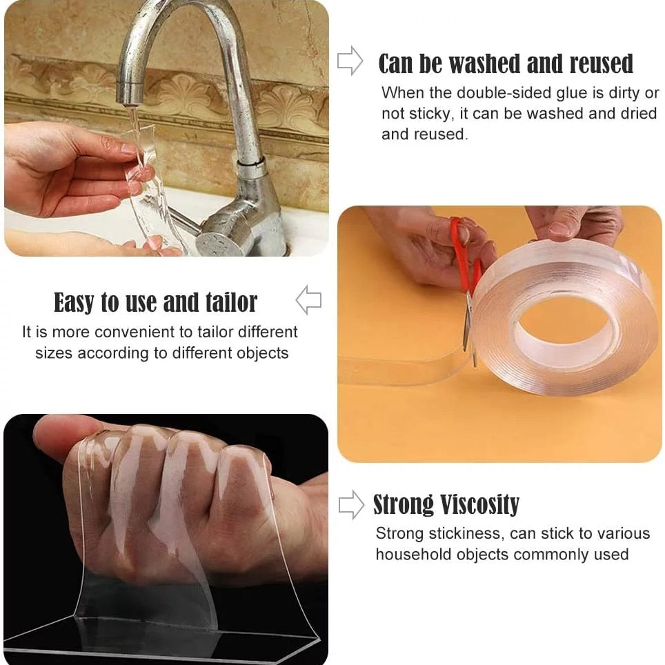 1/2/3/5M Nano Tape Double Sided Tape Transparent Reusable Waterproof Adhesive Tapes Cleanable Kitchen Bathroom Supplies Tapes 0 DailyAlertDeals   