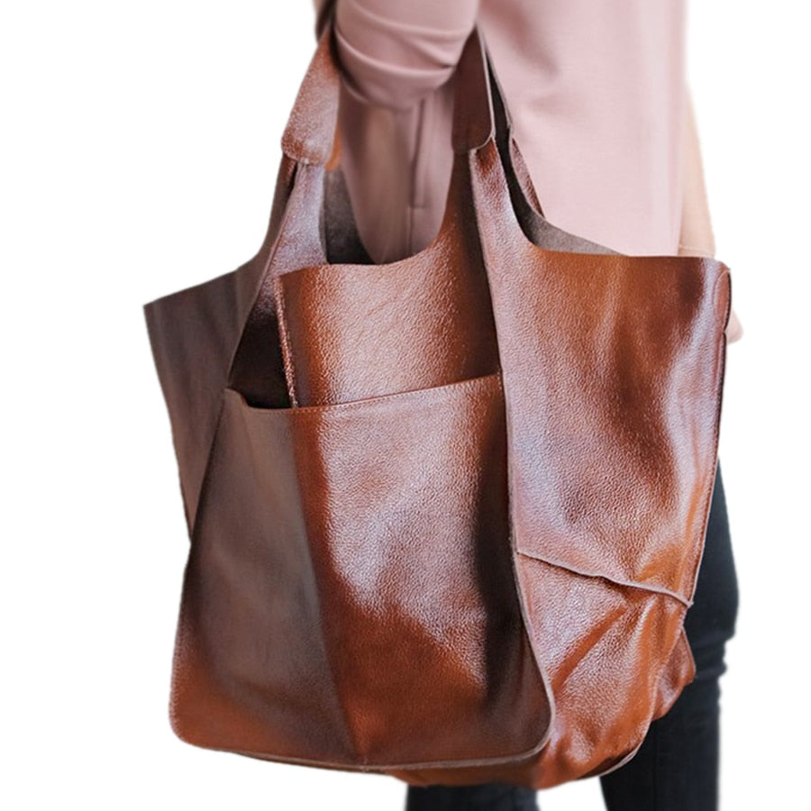 Casual Soft Large Capacity Tote Women Handbags Designer Aged Metal Look Luxury Pu Leather Shoulder Bag Retro Big Shopper Purses 0 DailyAlertDeals   