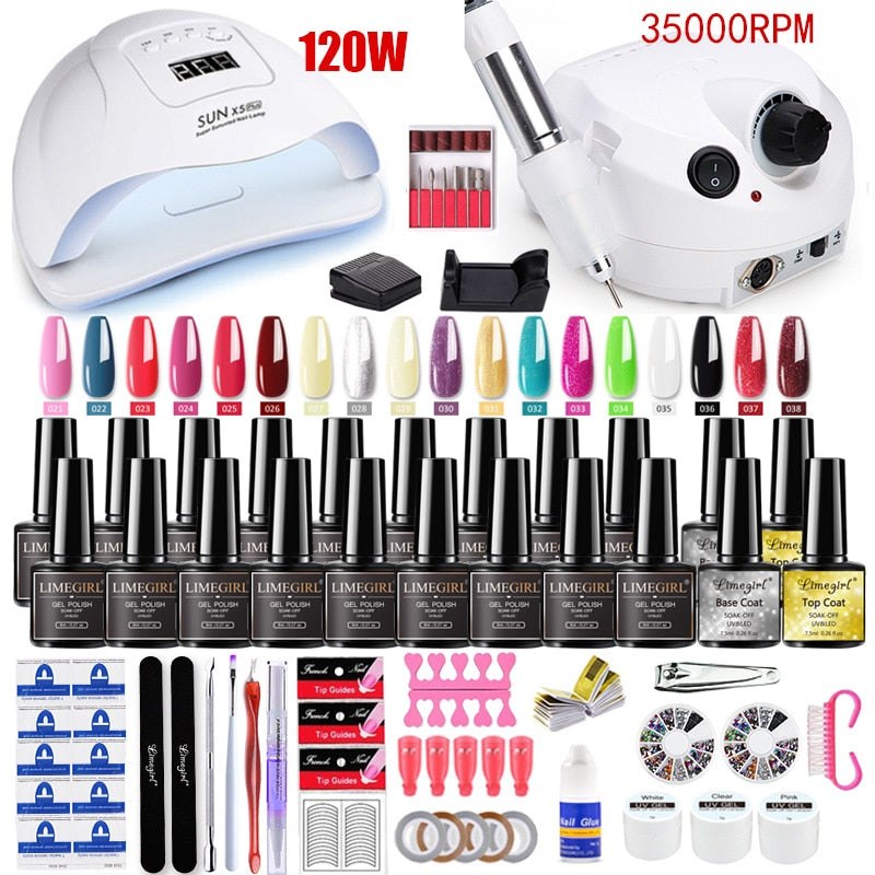 Manicure Set for Nail Extensions Gel Nail Polish Set Acrylic Kit Poly Nail Gel Set With UV LED Nail Lamp Gel Kits Nail Tools Set Manicure Set for Nail Extensions DailyAlertDeals 120W-35000RMP-18 gel USA 
