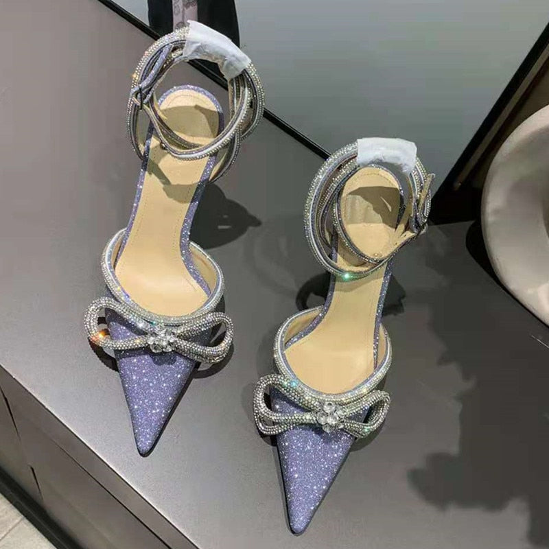 Runway style Glitter Rhinestones Women Pumps Crystal bowknot Satin Summer Lady Shoes Genuine leather High heels Party Prom Shoes High heels shoes DailyAlertDeals Blue sequined 36 