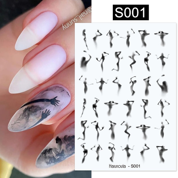 Harunouta Slider Design 3D Black People Silhouettes Blooming Nail Stickers Gold Bronzing Leaf Flower Nail Foils Decoration Nail Stickers DailyAlertDeals S001  