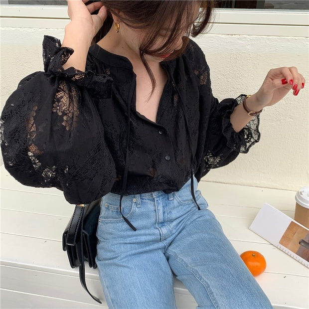 2022 Women Blouse with Lace Lantern Long Sleeve Transparent Blouse Loose Sexy Cardigan Lace Shirt Spring Black Lace Top 10202 0 DailyAlertDeals   