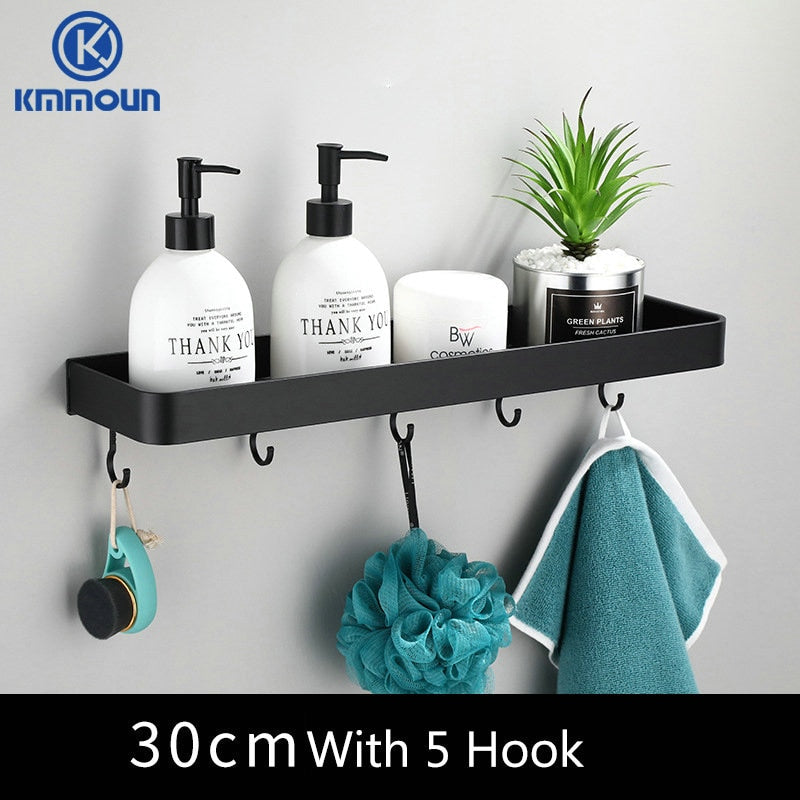 Black / White Bathroom Shelf Shampoo Holder Kitchen Storage Rack Bathroom Hardware Space Aluminum Shower Room Accessory 0 DailyAlertDeals 30cm 5 hook black China 