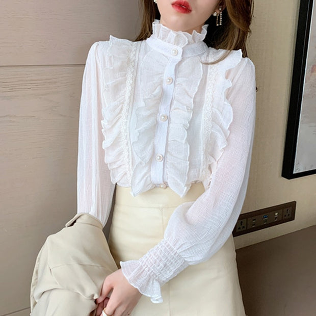 Korean New Elegant Long Sleeve Chiffon Shirt Spring Ruffle Lace Women Blouse Sweet Casual Tops Stand Collar Clothes Blusas 13433 Spring Ruffle Lace Women Blouse DailyAlertDeals white S 
