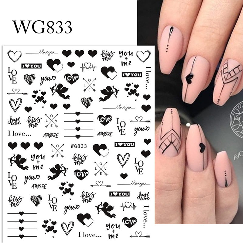 Harunouta Valentine's Day 3D Nail Stickers Heart Flower Leaves Line Sliders French Tip Nail Art Transfer Decals 3D Decoration Nail Stickers DailyAlertDeals WG833  