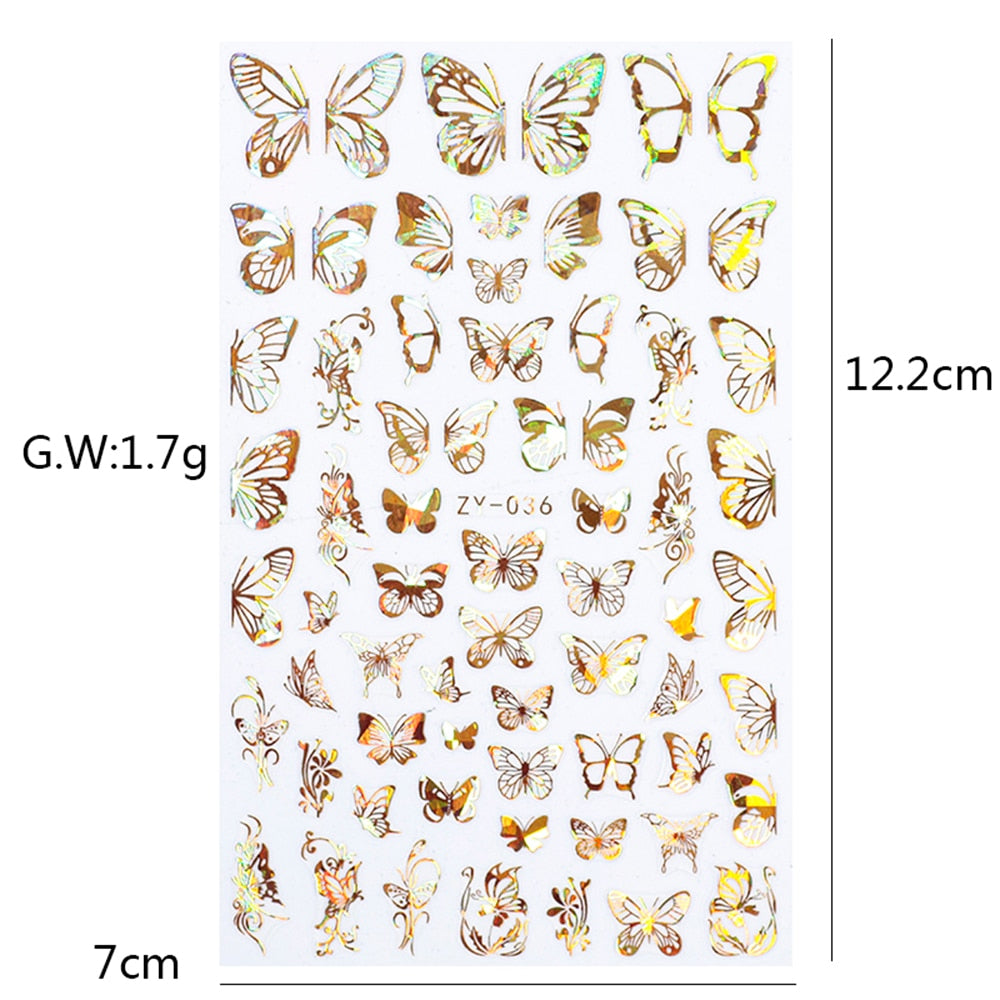 1pc Holographic 3D Butterfly Nail Art Stickers Adhesive Sliders Colorful DIY Golden Nail Transfer Decals Foils Wraps Decorations nail art DailyAlertDeals   