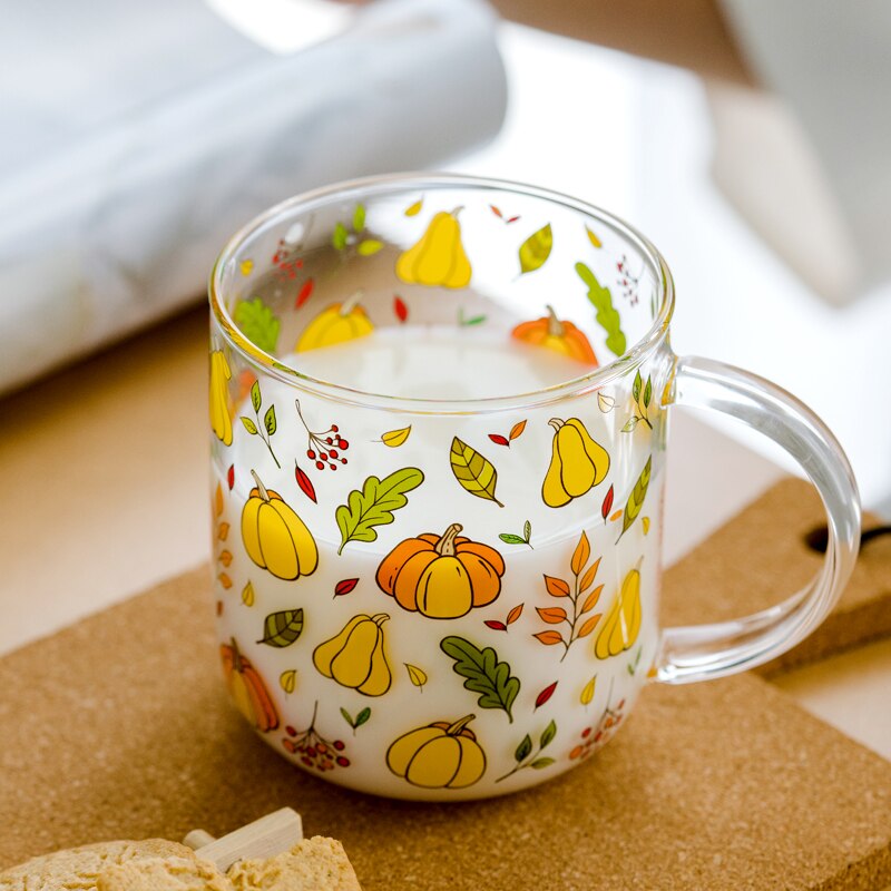 JINYOUJIA Heat-Resistant With Handle Glass Mug Breakfast Milk Cup Cute Office Home Coffee Mugs Lemon Mushroom Pumpkin Pattern 0 DailyAlertDeals   