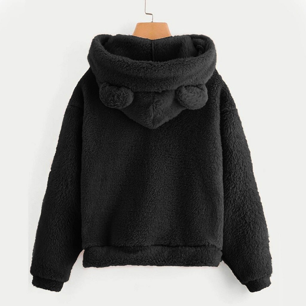 Fluffy hoodie Women fuzzy hoodie cute bear ear cap Autumn Winter Warm pullover Long Sleeve outwear Fluffy hoodie DailyAlertDeals   