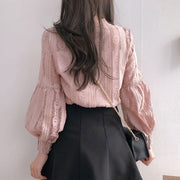 2022 Autumn Sweet Pink Shirts Long Sleeve Lace Blouse for Women Vintage Spliced Solid Womens Clothing Blusas Mujer De Moda 6899 Long Sleeve Lace Blouse for Women DailyAlertDeals   