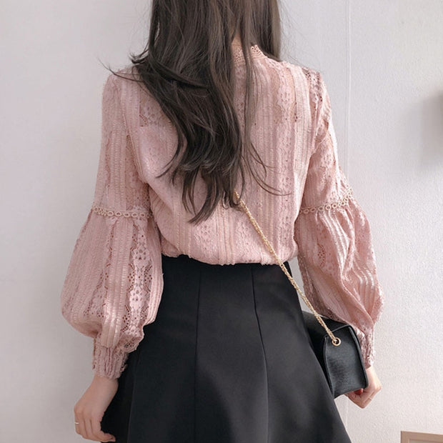 2022 Autumn Sweet Pink Shirts Long Sleeve Lace Blouse for Women Vintage Spliced Solid Womens Clothing Blusas Mujer De Moda 6899 Long Sleeve Lace Blouse for Women DailyAlertDeals   