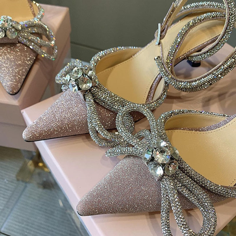 Runway style Glitter Rhinestones Women Pumps Crystal bowknot Satin Summer Lady Shoes Genuine leather High heels Party Prom Shoes High heels shoes DailyAlertDeals Pink sequined 36 