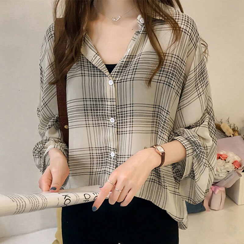 Fashion Casual Thin Chiffon Loose Batwing Sleeve Plaid Women Shirt 2022 Office Lady All-match Lapel Button Oversize Woman Blouse 0 DailyAlertDeals   