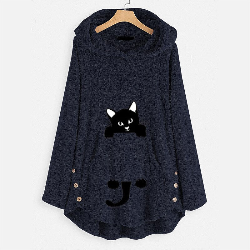 Lovely Cartoon Cat Fleece Winter Pajamas Women Hoodies Hooded Sweatshirts Long Sleeve Lady Pullovers Tops 0 DailyAlertDeals Navy Blue M 
