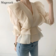 Fashion Vintage Chiffon Blouse Women 2021 New Puff Sleeve Ruffles V-neck Shirt Women Silm Casual Womens Blouses Tops Mujer 10334 0 DailyAlertDeals   
