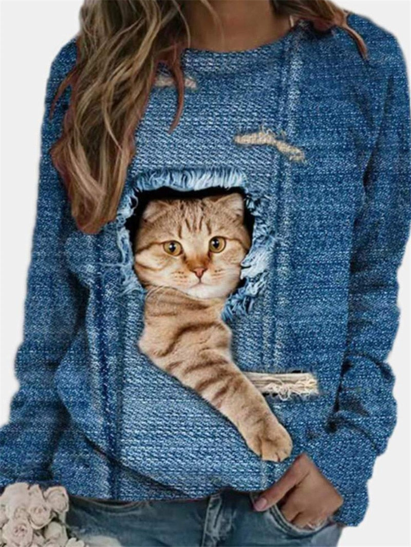 Funny Cute Cat 3D Print Casual Pullovers Women Clothes Spring Autumn Sweatshirts Long Sleeve T-Shirts Lady Clothing Fashion Tops 0 DailyAlertDeals A M 