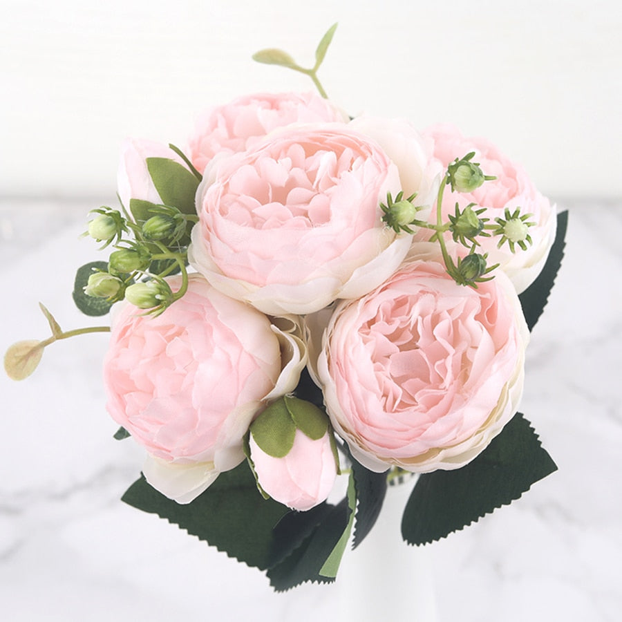 30cm Rose Pink Silk Peony Artificial Flowers Bouquet 5 Big Head and 4 Bud Cheap Fake Flowers for Home Wedding Decoration indoor Flowers DailyAlertDeals Pink Champagne  