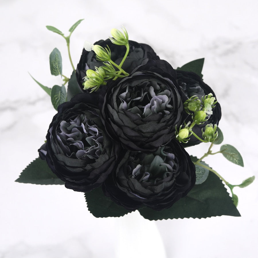 30cm Rose Pink Silk Peony Artificial Flowers Bouquet 5 Big Head and 4 Bud Cheap Fake Flowers for Home Wedding Decoration indoor Flowers DailyAlertDeals Black  