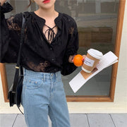 2022 Women Blouse with Lace Lantern Long Sleeve Transparent Blouse Loose Sexy Cardigan Lace Shirt Spring Black Lace Top 10202 0 DailyAlertDeals   
