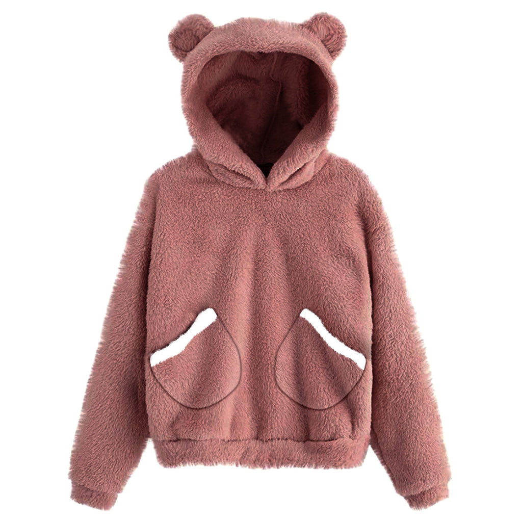 Fluffy hoodie Women fuzzy hoodie cute bear ear cap Autumn Winter Warm pullover Long Sleeve outwear Fluffy hoodie DailyAlertDeals