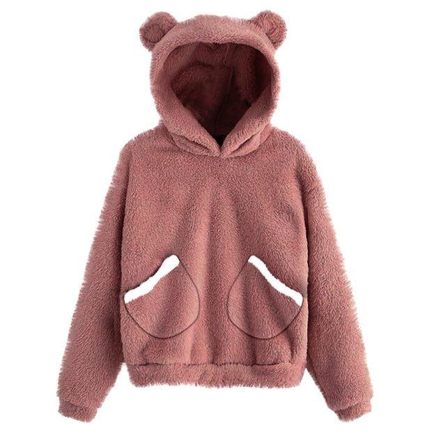 Fluffy hoodie Women fuzzy hoodie cute bear ear cap Autumn Winter Warm pullover Long Sleeve outwear Fluffy hoodie DailyAlertDeals DP WITH POCKET S United States