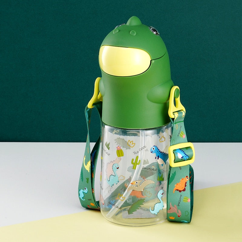 New Pinkah Children Straw Kettle with Shoulder Strap Portable School Plastic Water Bottle Creative Cartoon Dinosaur Shape 450ML Portable School Plastic Water Bottle DailyAlertDeals China 450-560ml Green 560ml