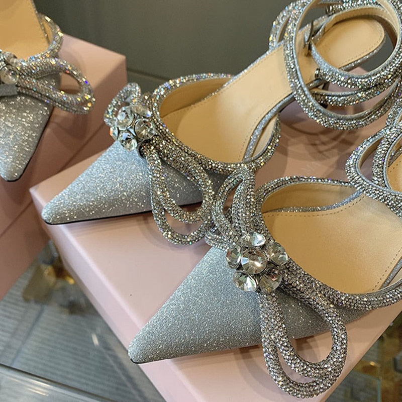Runway style Glitter Rhinestones Women Pumps Crystal bowknot Satin Summer Lady Shoes Genuine leather High heels Party Prom Shoes High heels shoes DailyAlertDeals Silver Sequined 36 