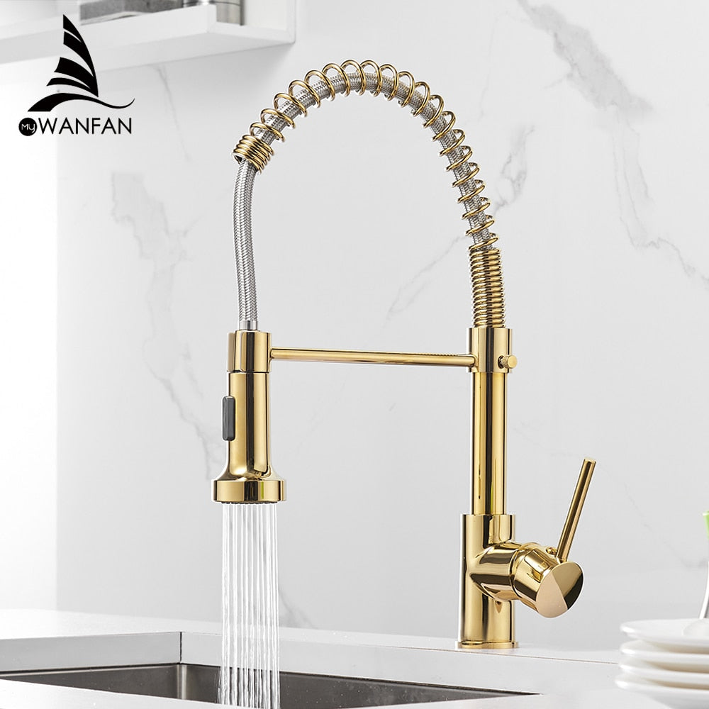 Kitchen Faucets Brush Brass Faucets for Kitchen Sink  Single Lever Pull Out Spring Spout Mixers Tap Hot Cold Water Crane 9009 0 DailyAlertDeals   