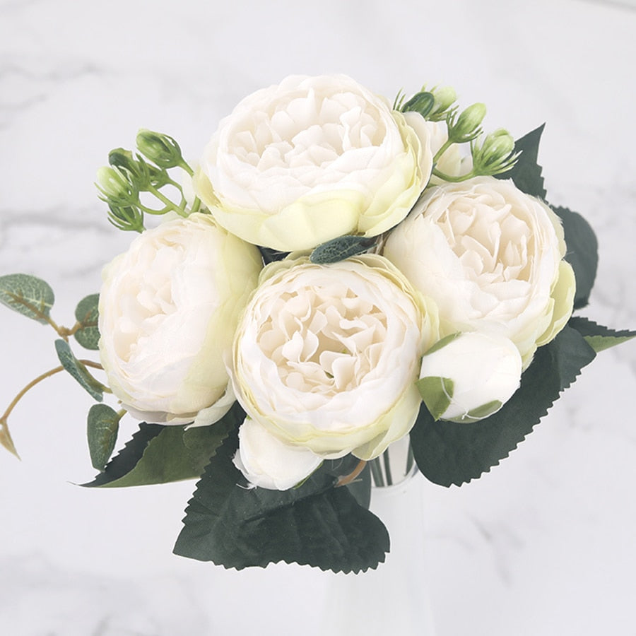 30cm Rose Pink Silk Peony Artificial Flowers Bouquet 5 Big Head and 4 Bud Cheap Fake Flowers for Home Wedding Decoration indoor Flowers DailyAlertDeals White Green  
