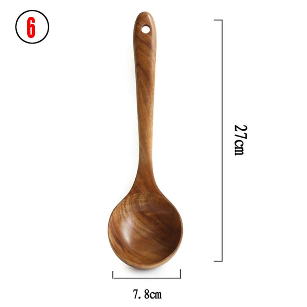 7pcs/set Teak Natural Wood Tableware Spoon Ladle Turner Rice Colander Soup Skimmer Cooking Spoon Scoop Kitchen Reusable Tool Kit 0 DailyAlertDeals 6  