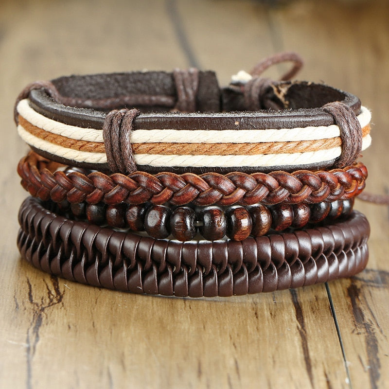 Vnox 4Pcs/ Set Braided Wrap Leather Bracelets for Men Vintage Life Tree Rudder Charm Wood Beads Ethnic Tribal Wristbands 0 DailyAlertDeals BL-450  