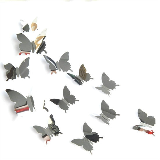 12pcs Mirror Wall Sticker Decal Butterflies 3D Mirror Wall Art Party Wedding Home Decors Butterfly fridge Wall Decal On Sale Plane Wall Sticker DailyAlertDeals Silver 12Pcs 