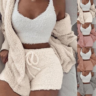 Winter Autumn Three Piece Sexy Fluffy Outfits Plush Velvet Hooded Cardigan Coat+Shorts+Crop Top Women Tracksuit Set Women Outfit 0 DailyAlertDeals   