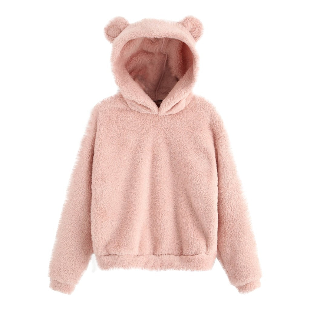 Fluffy hoodie Women fuzzy hoodie cute bear ear cap Autumn Winter Warm pullover Long Sleeve outwear Fluffy hoodie DailyAlertDeals