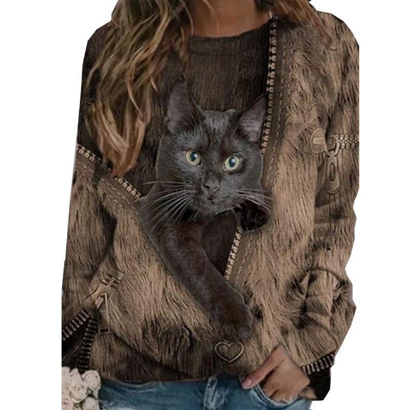Funny Cute Cat 3D Print Casual Pullovers Women Clothes Spring Autumn Sweatshirts Long Sleeve T-Shirts Lady Clothing Fashion Tops 0 DailyAlertDeals   